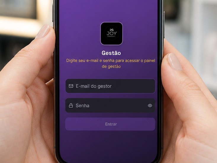 Tela de login do Gestão com a logo do salão em destaque, no app Calenda